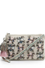 Kooky Beige And Multi Floral Embellished Handloom Cotton Canvas Sling Bag