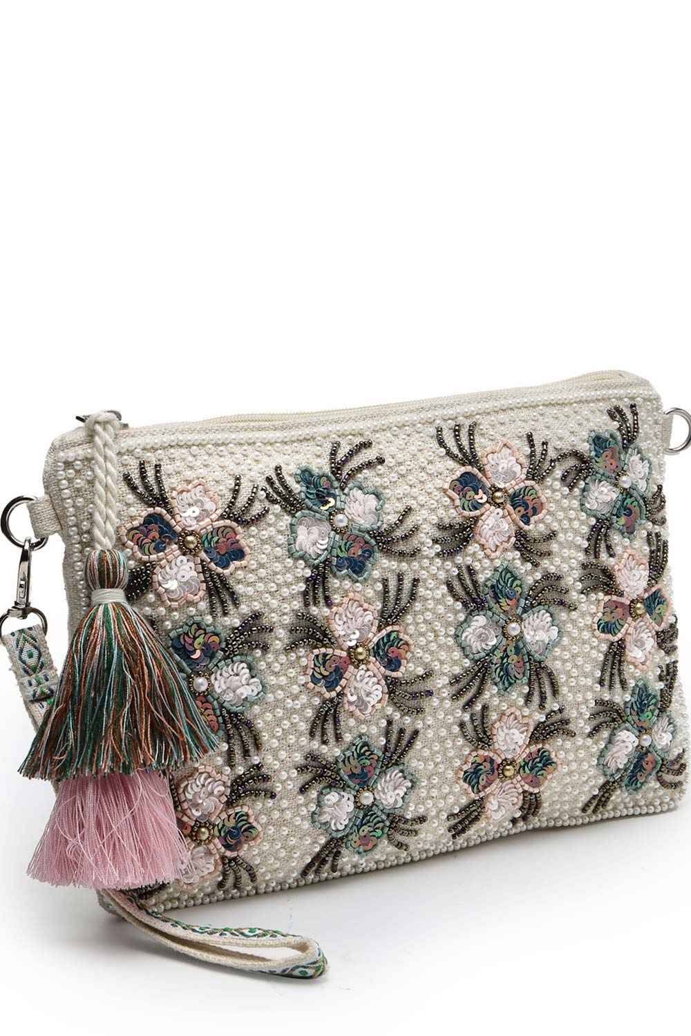 Kooky Beige And Multi Floral Embellished Handloom Cotton Canvas Sling Bag