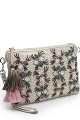 Kooky Beige And Multi Floral Embellished Handloom Cotton Canvas Sling Bag