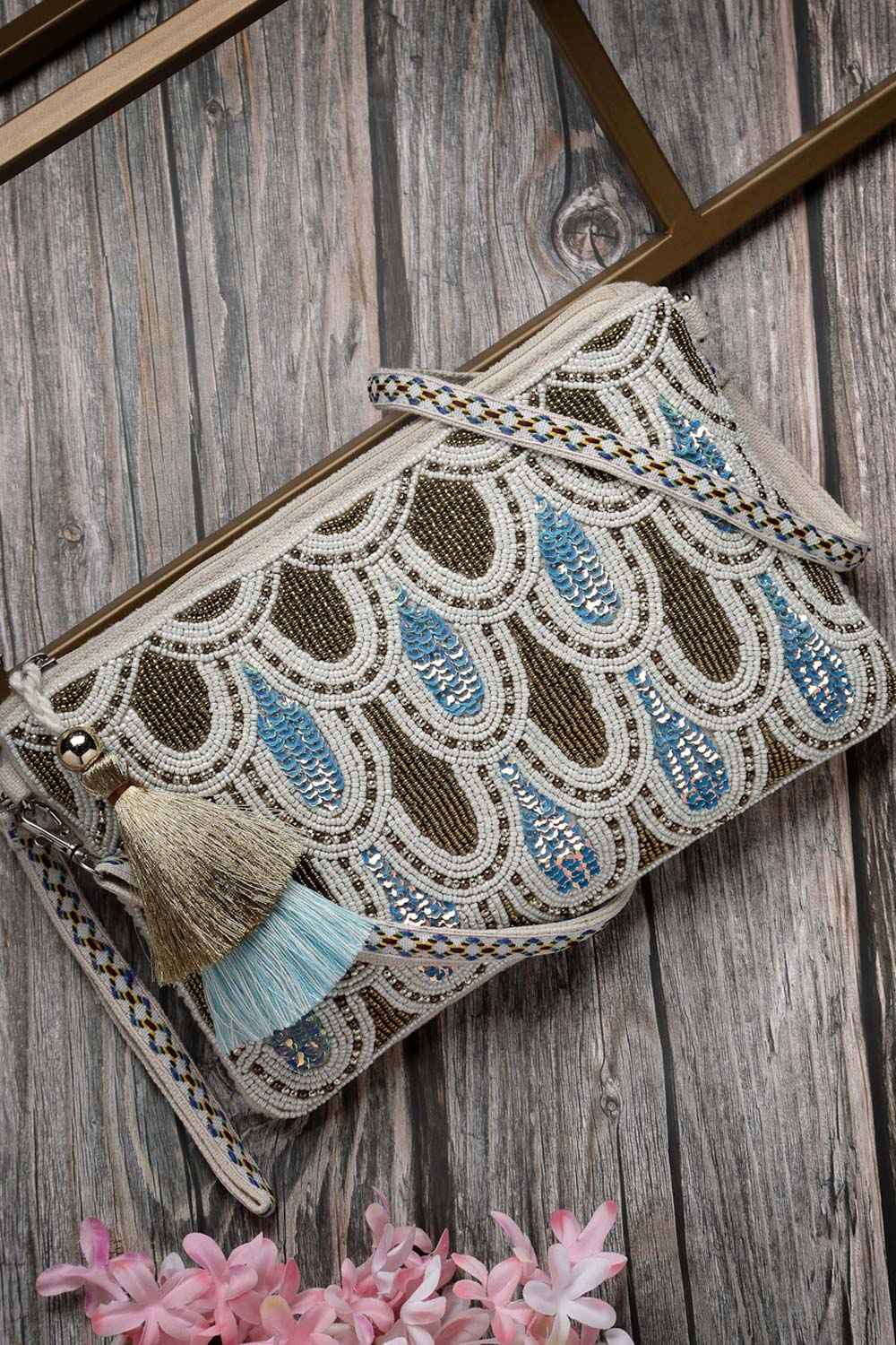 Kooky Beige, Copper And Multi Embellished Handloom Cotton Sling Bag