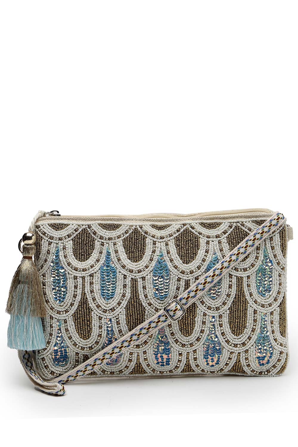 Kooky Beige, Copper And Multi Embellished Handloom Cotton Sling Bag