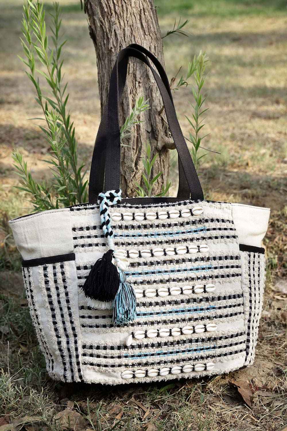 Boho Beige And Black Striped Cotton Jacquard Tote Bag