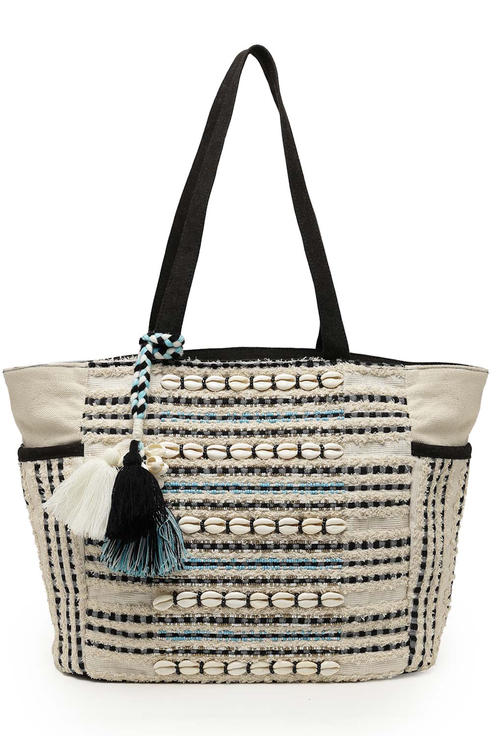 Boho Beige And Black Striped Cotton Jacquard Tote Bag