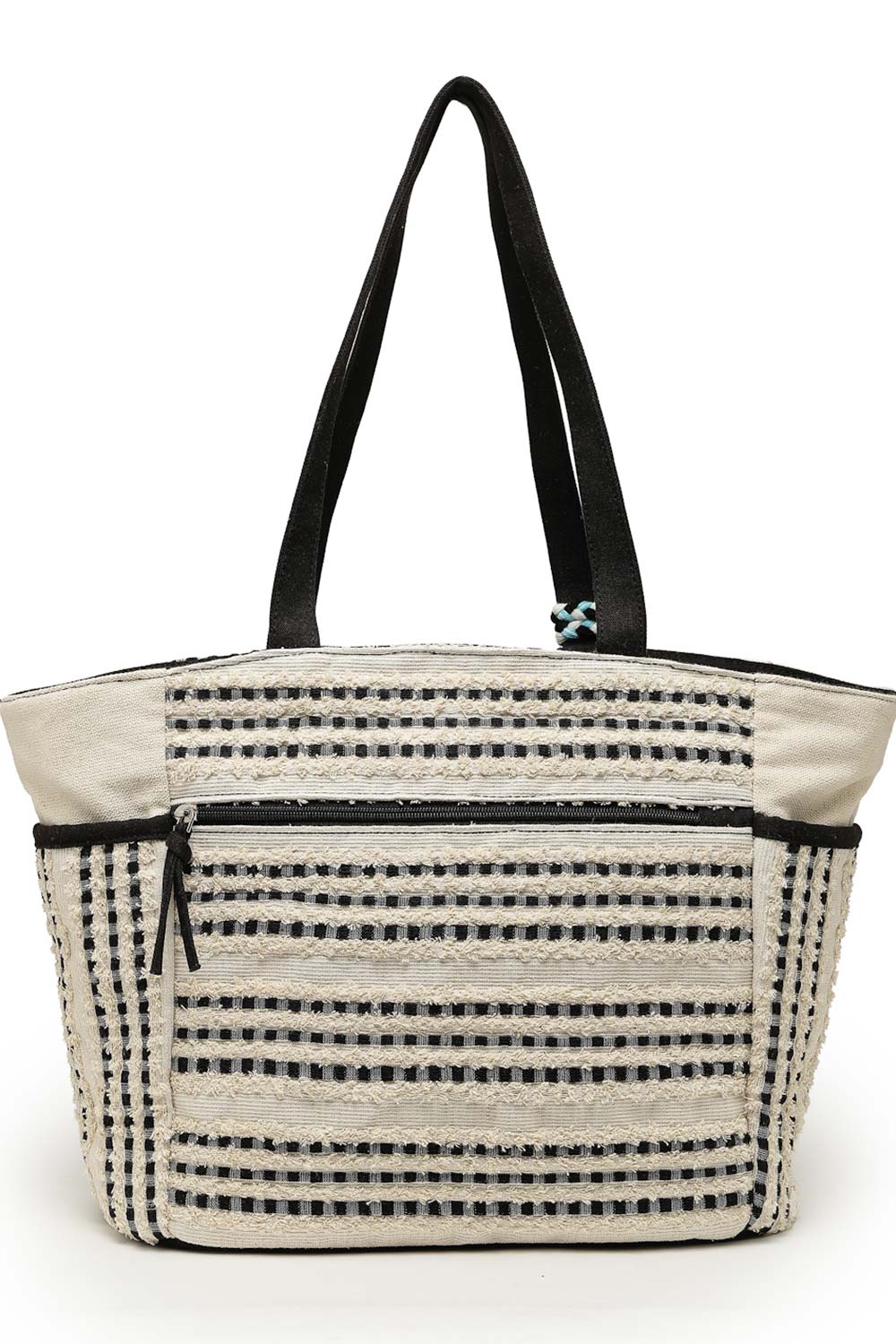 Boho Beige And Black Striped Cotton Jacquard Tote Bag