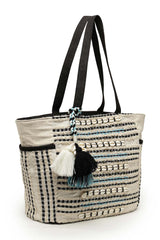 Boho Beige And Black Striped Cotton Jacquard Tote Bag