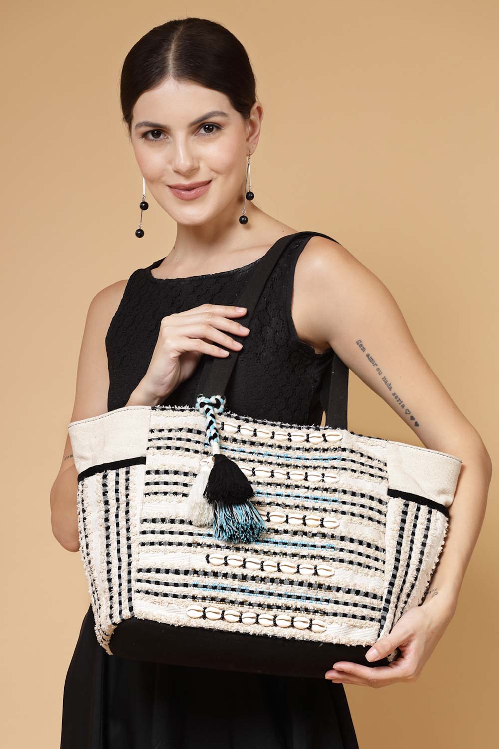 Boho Beige And Black Striped Cotton Jacquard Tote Bag