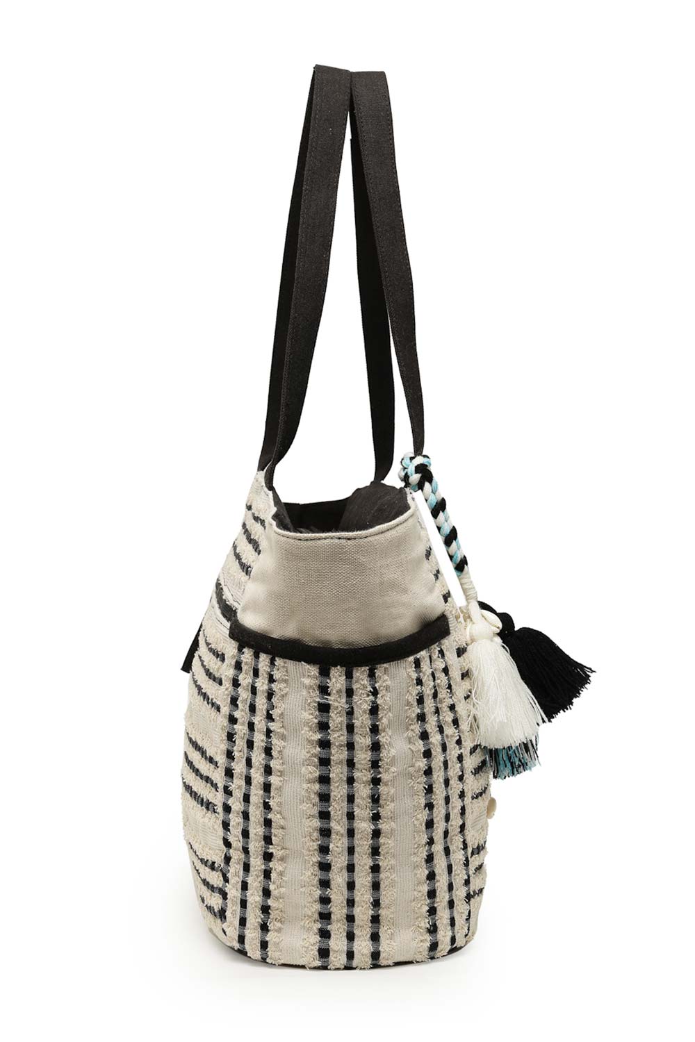 Boho Beige And Black Striped Cotton Jacquard Tote Bag