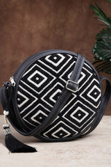 Boho Black And Off White Diamond Cotton Jacquard Sling Bag