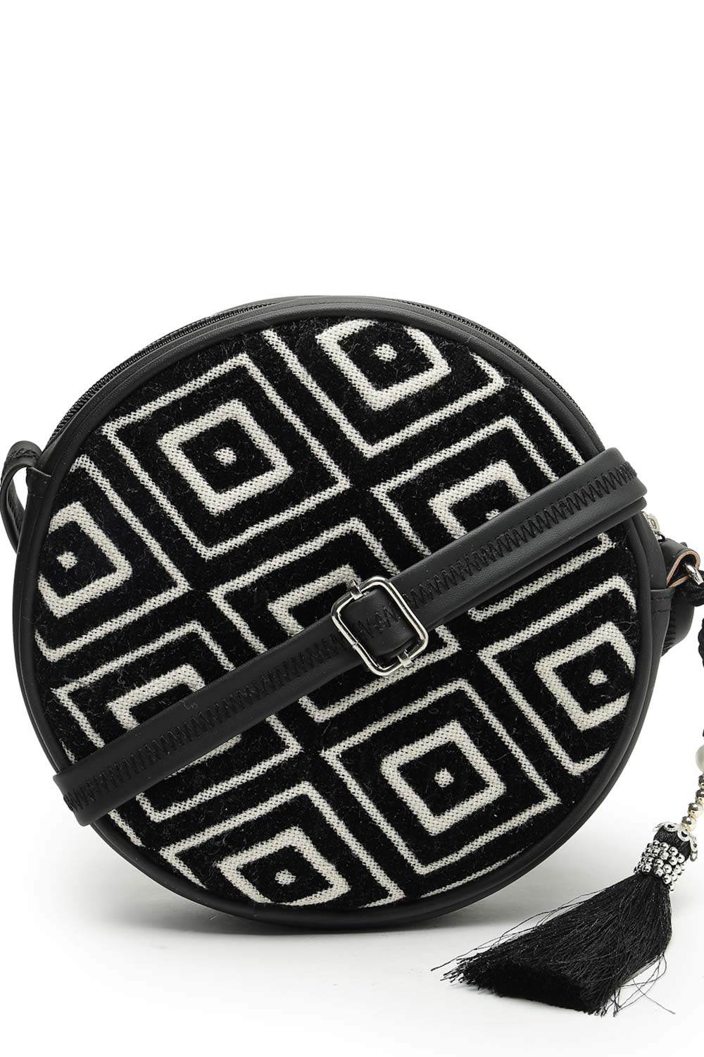 Boho Black And Off White Diamond Cotton Jacquard Sling Bag