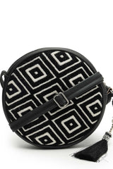 Boho Black And Off White Diamond Cotton Jacquard Sling Bag