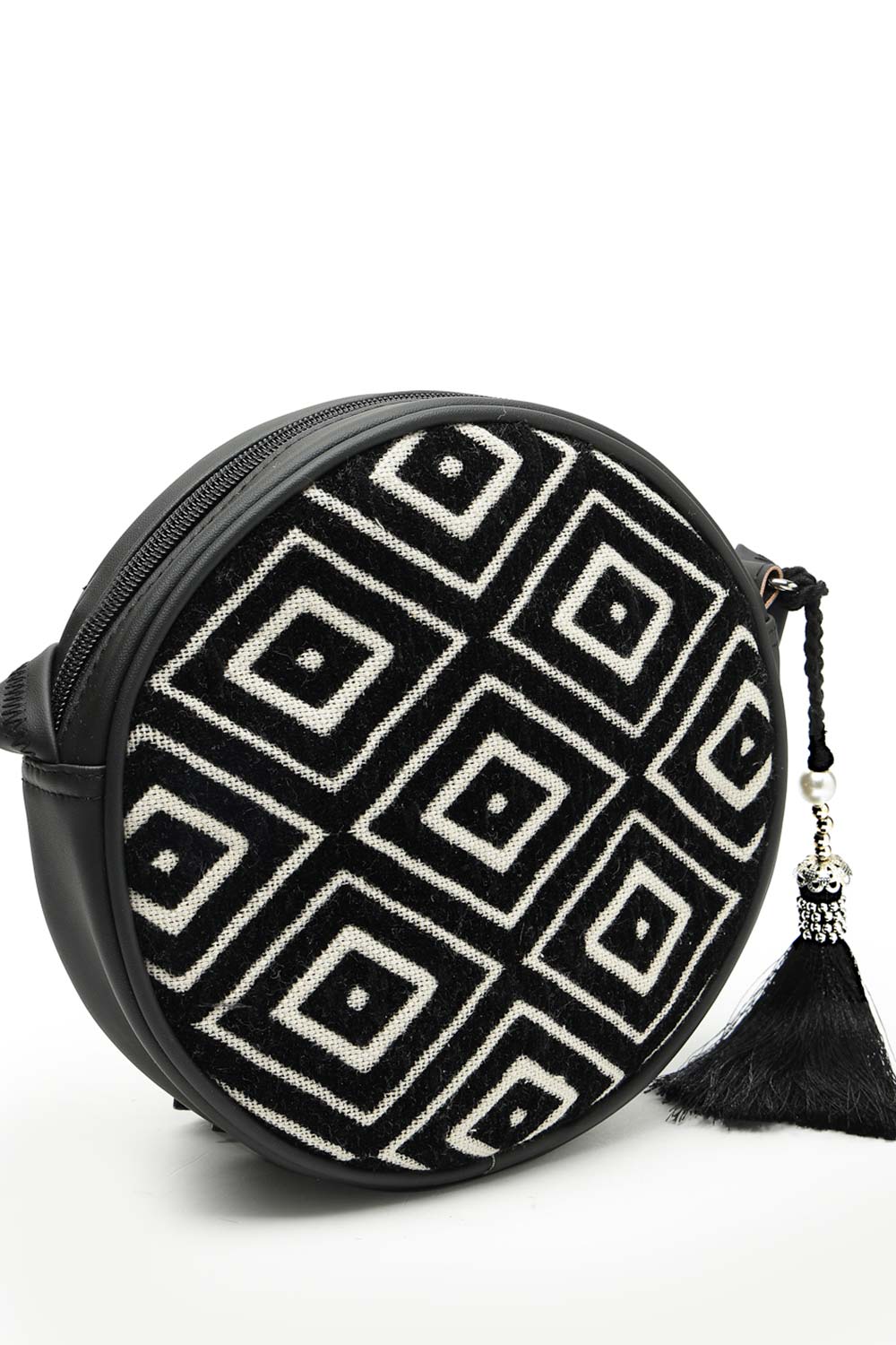 Boho Black And Off White Diamond Cotton Jacquard Sling Bag