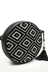 Boho Black And Off White Diamond Cotton Jacquard Sling Bag