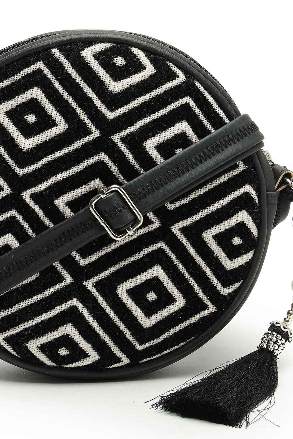 Boho Black And Off White Diamond Cotton Jacquard Sling Bag