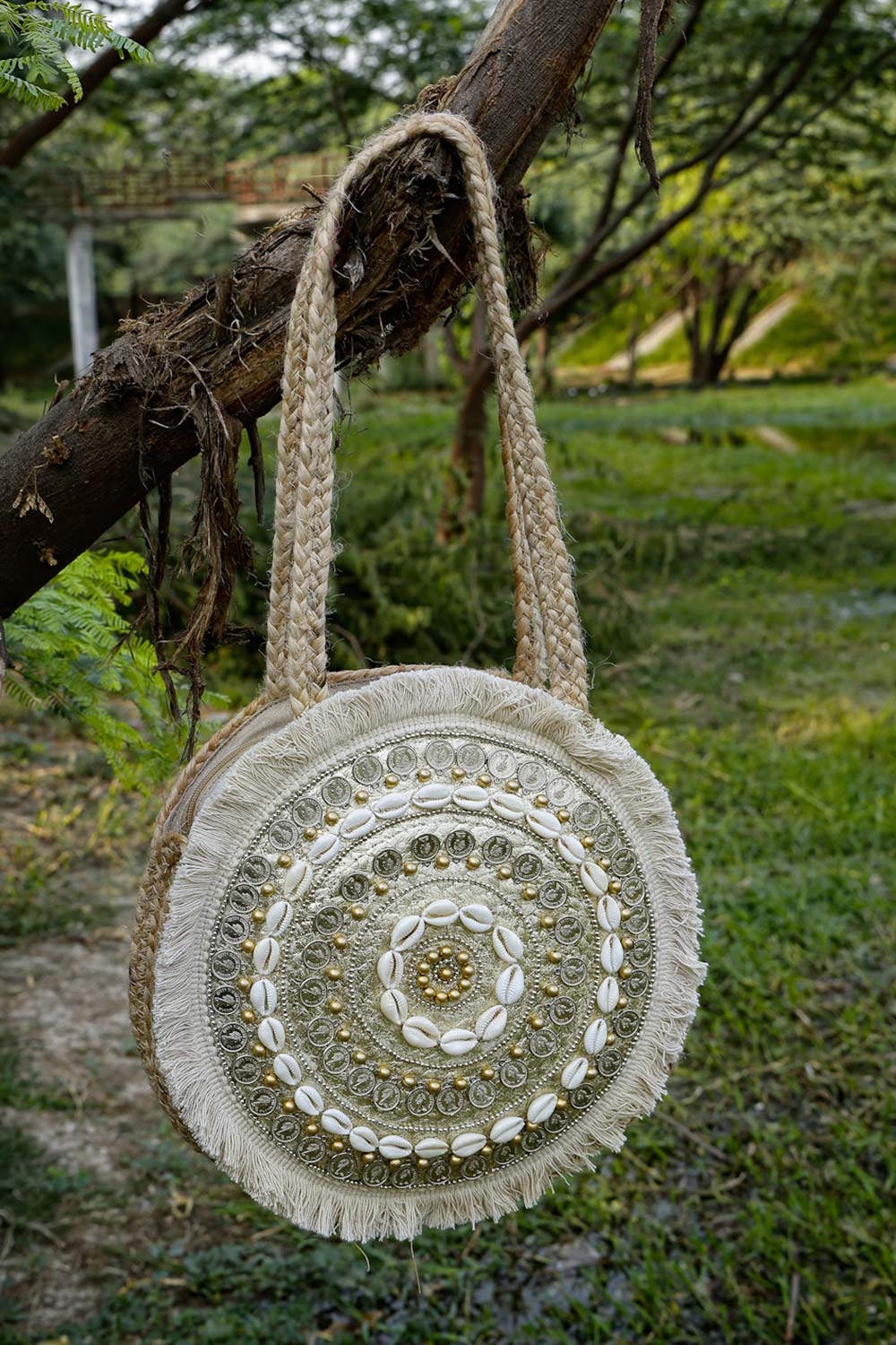 Silver & Beige Mandala Embellished Jute Tote Bag