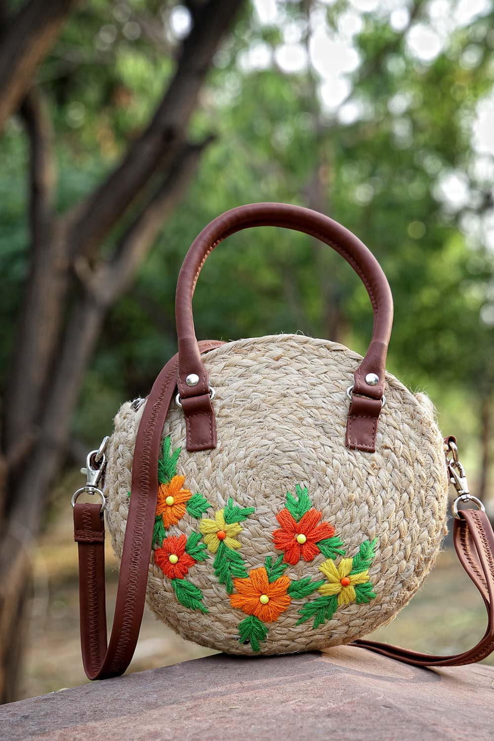 Beige & Multi Floral Embroidered Jute & Vegan Leather Handheld Bag