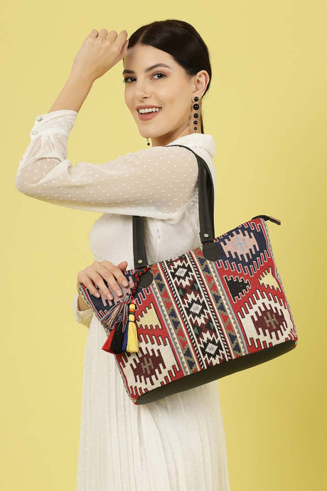 Tribal Multi And Black Ikat Cotton Jacquard Tote Bag