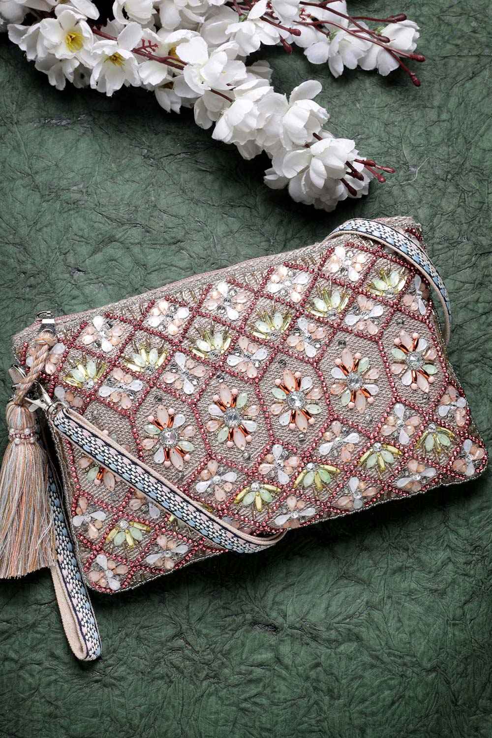 Kooky Silver And Multi Geometric Embellished Polycotton Sling Bag