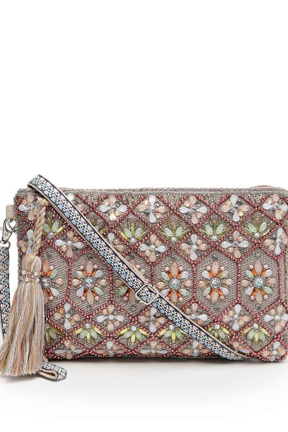 Kooky Silver And Multi Geometric Embellished Polycotton Sling Bag