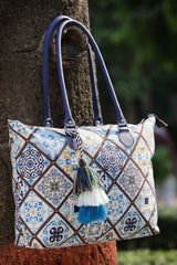 Geomat White, Blue And Multicolor Ethnic Printed Polycotton Shoulder Bag