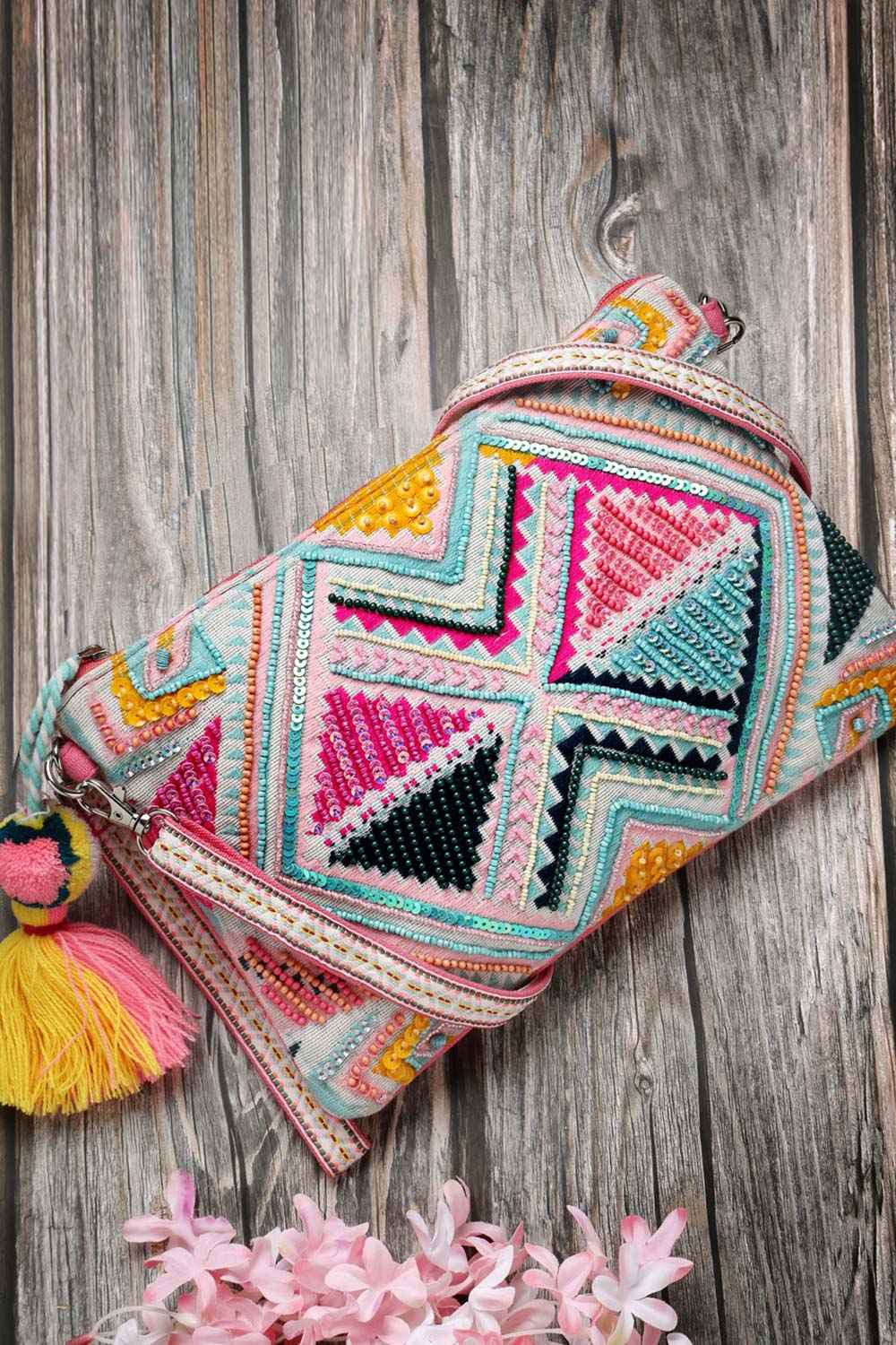 Boho Fluorescent Pink And Multi Ethnic Cotton Jacquard Sling Bag