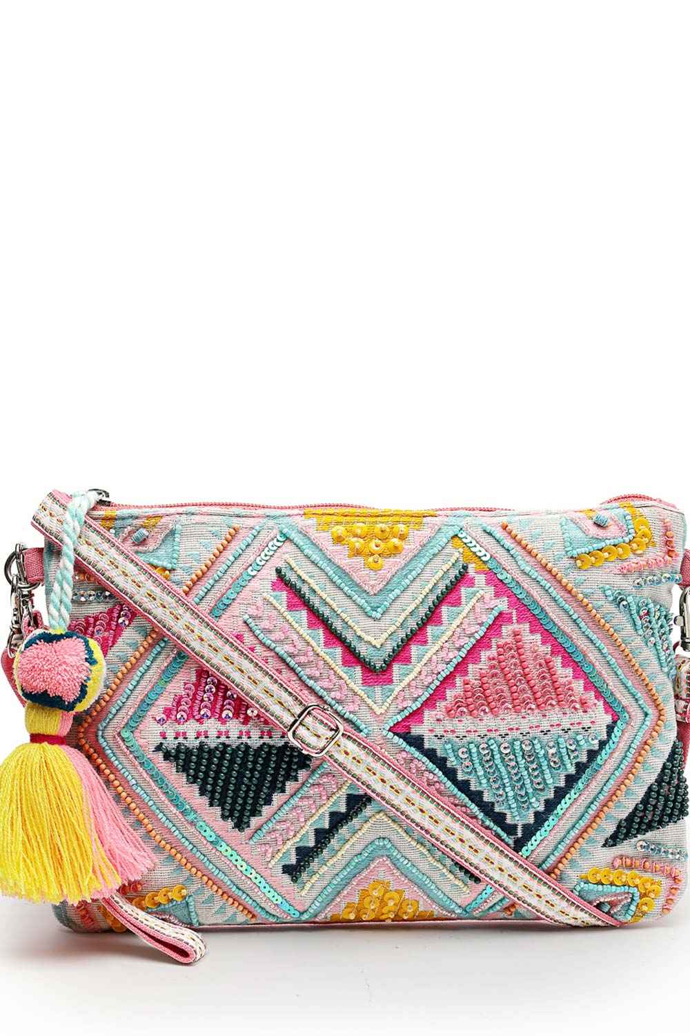 Boho Fluorescent Pink And Multi Ethnic Cotton Jacquard Sling Bag