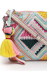 Boho Fluorescent Pink And Multi Ethnic Cotton Jacquard Sling Bag