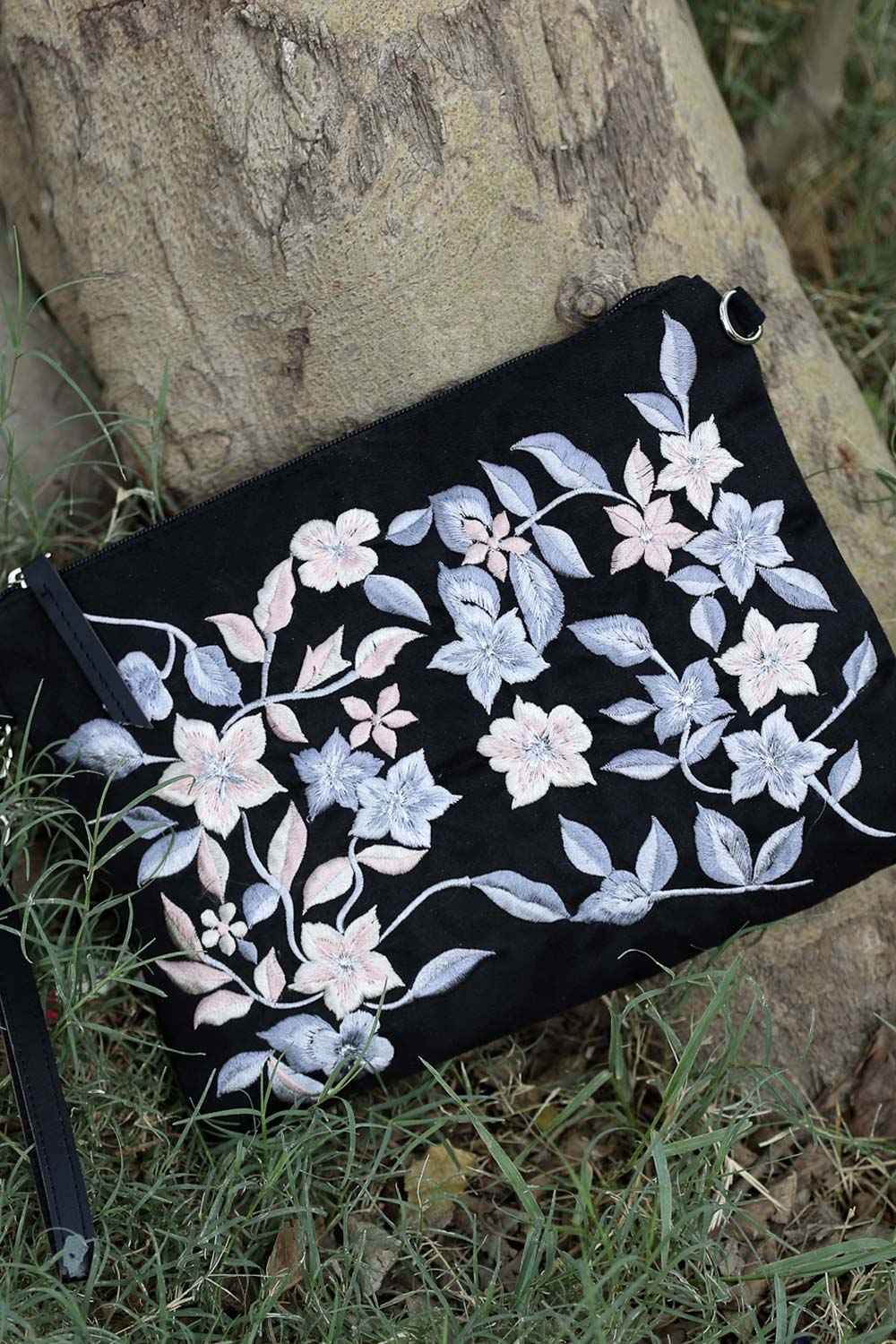 Lush Black And Grey Floral Embroidered Polysuede Sling Bag