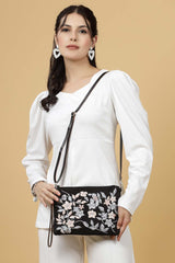 Lush Black And Grey Floral Embroidered Polysuede Sling Bag