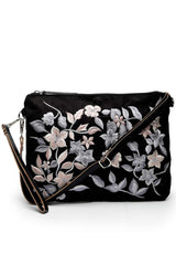 Lush Black And Grey Floral Embroidered Polysuede Sling Bag