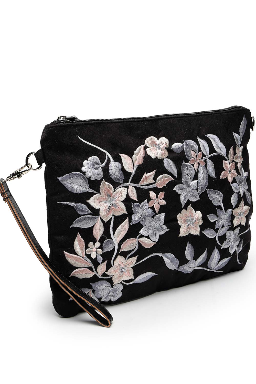 Lush Black And Grey Floral Embroidered Polysuede Sling Bag