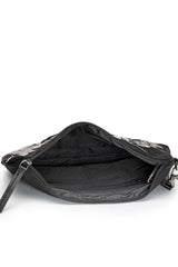 Lush Black And Grey Floral Embroidered Polysuede Sling Bag