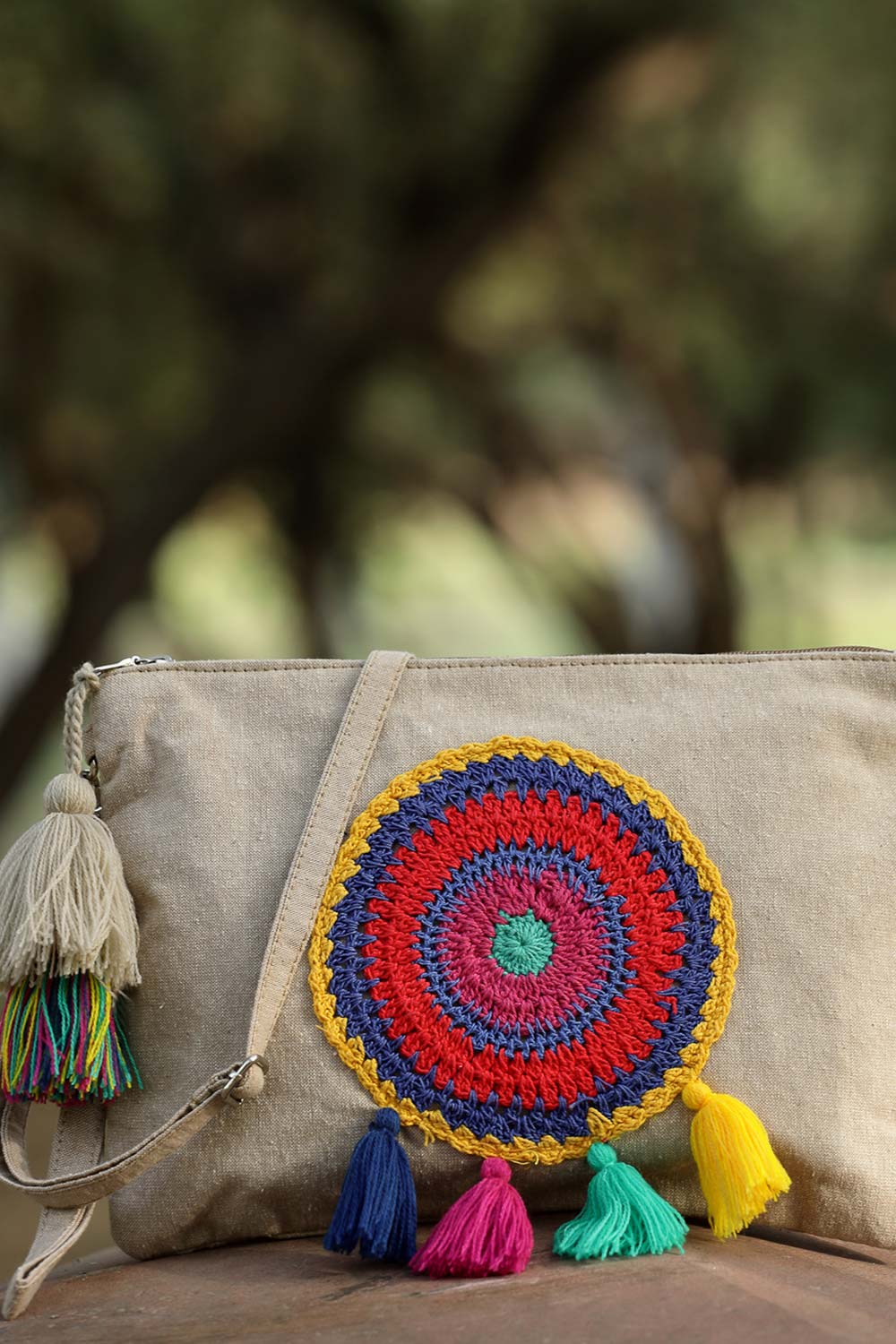 Boho Beige And Multi Crochet Embellished Cotton Canvas Sling Bag