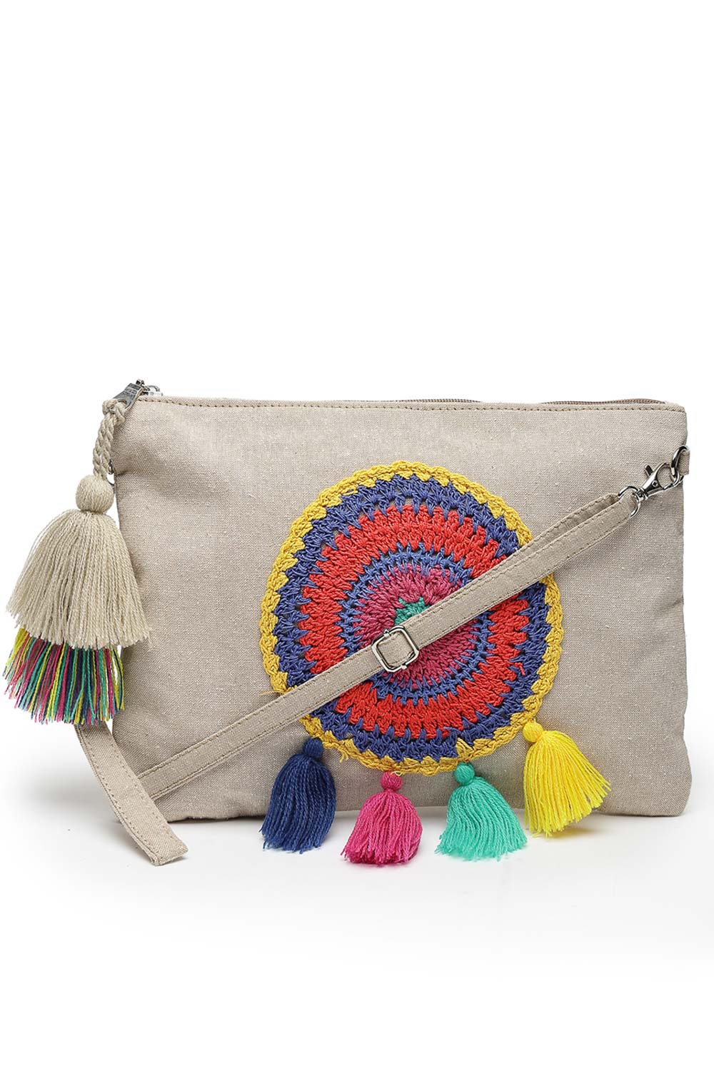 Boho Beige And Multi Crochet Embellished Cotton Canvas Sling Bag