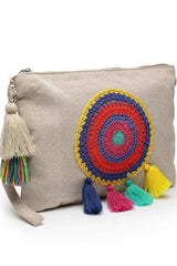 Boho Beige And Multi Crochet Embellished Cotton Canvas Sling Bag