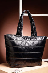 Uno Black Striped Quilted Polyester Tote Bag