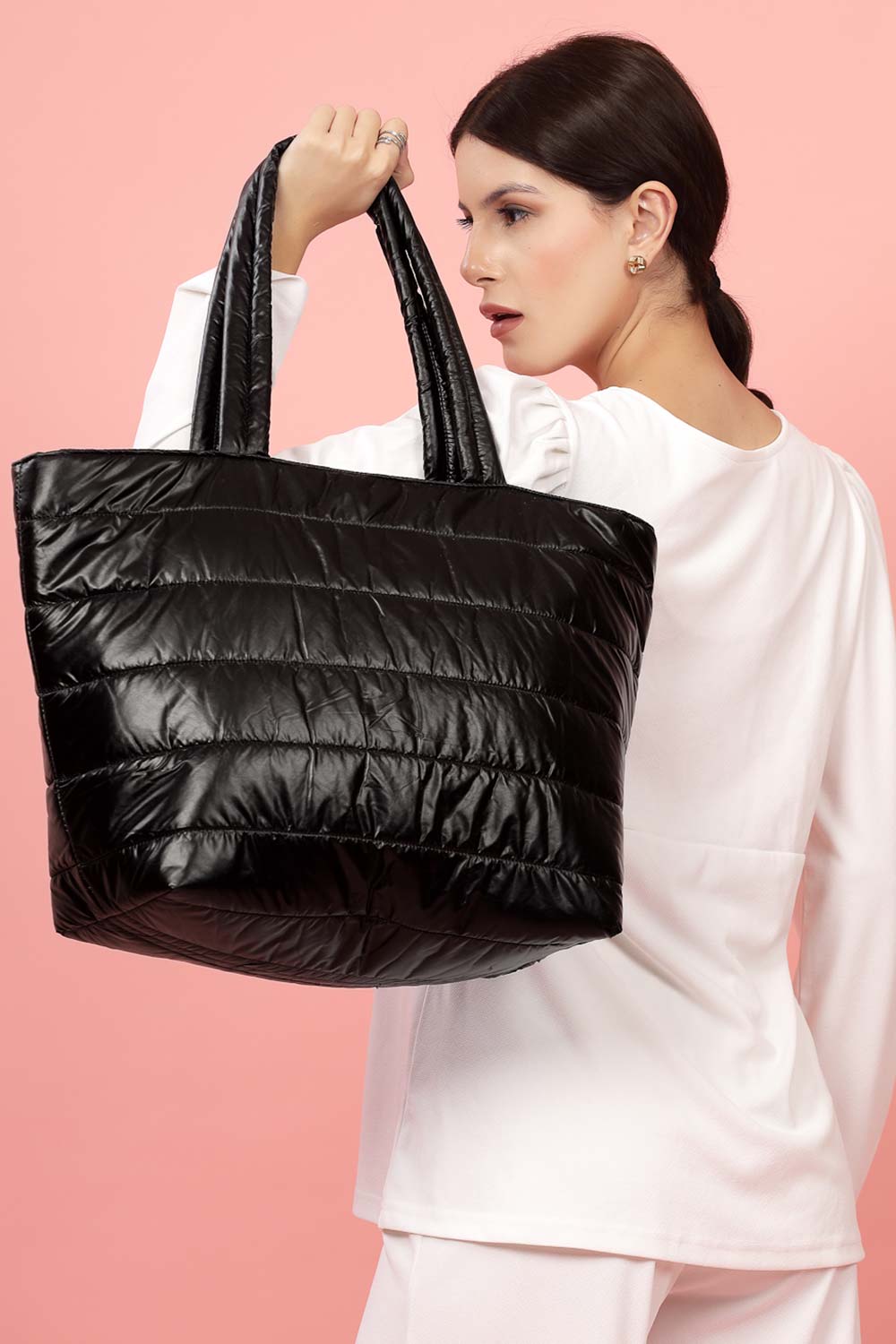 Uno Black Striped Quilted Polyester Tote Bag