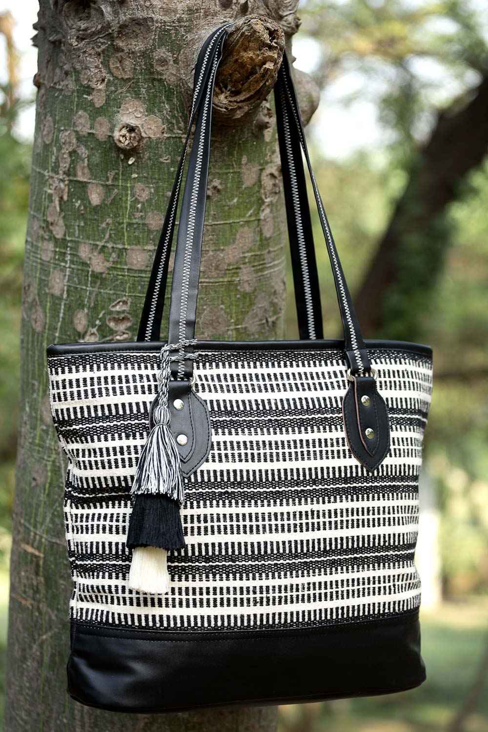 Geomat Black And White Striped Cotton Jacquard Tote Bag