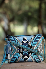 Kooky Turquoise Blue And Silver Geometric Embellished Cotton Canvas Sling Bag