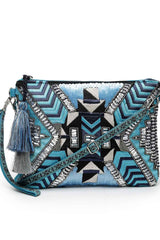 Kooky Turquoise Blue And Silver Geometric Embellished Cotton Canvas Sling Bag