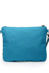 Kooky Turquoise Blue And Silver Geometric Embellished Cotton Canvas Sling Bag