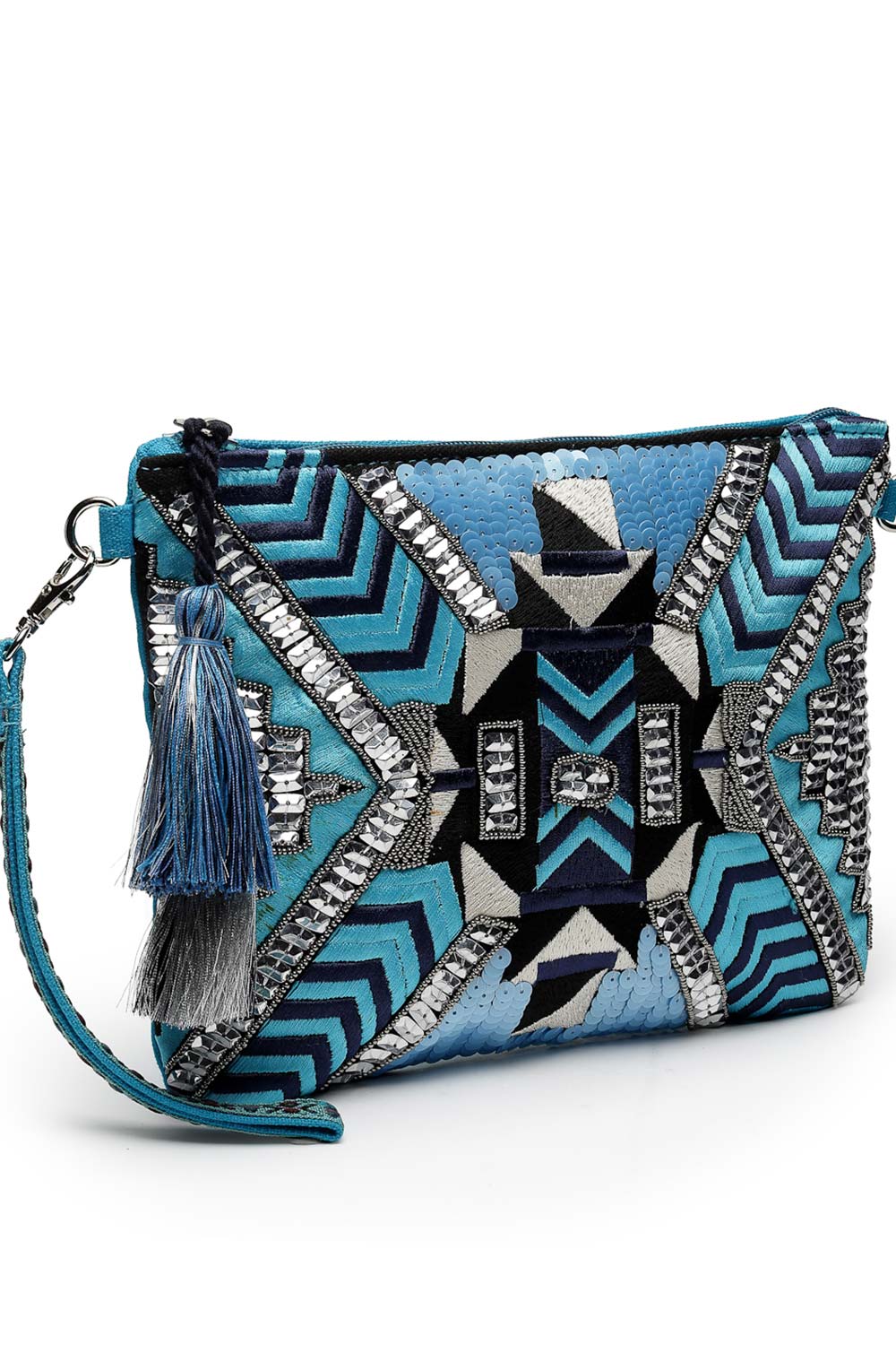 Kooky Turquoise Blue And Silver Geometric Embellished Cotton Canvas Sling Bag