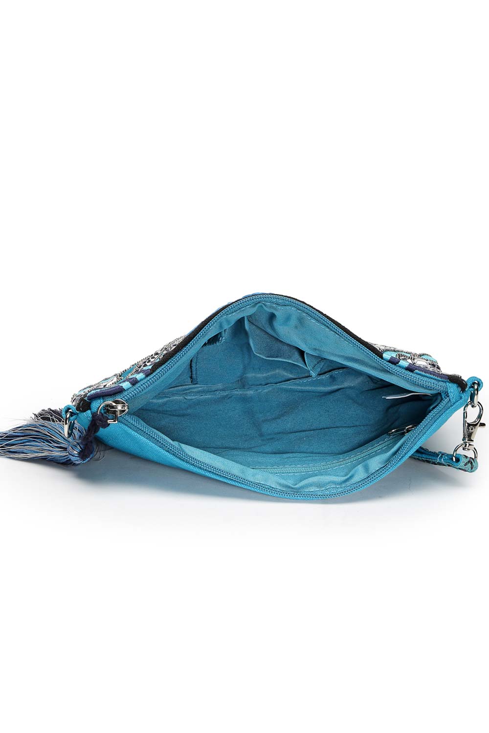 Kooky Turquoise Blue And Silver Geometric Embellished Cotton Canvas Sling Bag