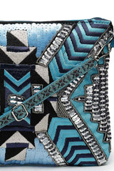 Kooky Turquoise Blue And Silver Geometric Embellished Cotton Canvas Sling Bag