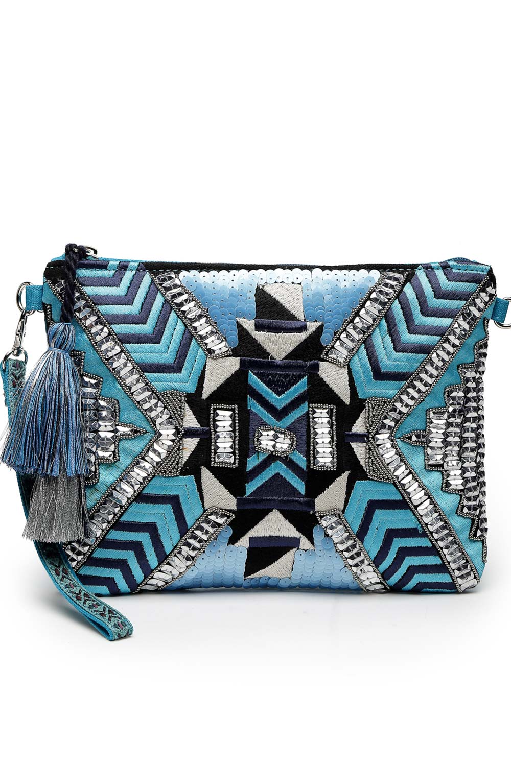 Kooky Turquoise Blue And Silver Geometric Embellished Cotton Canvas Sling Bag