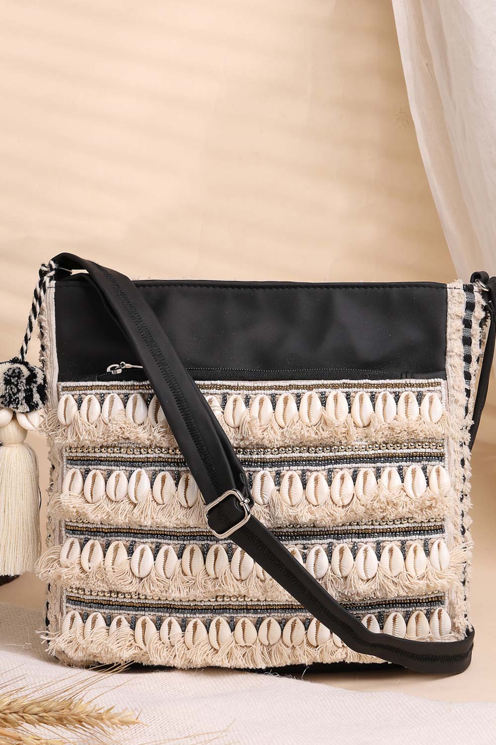 Beige Embellished Cotton Sling Bag