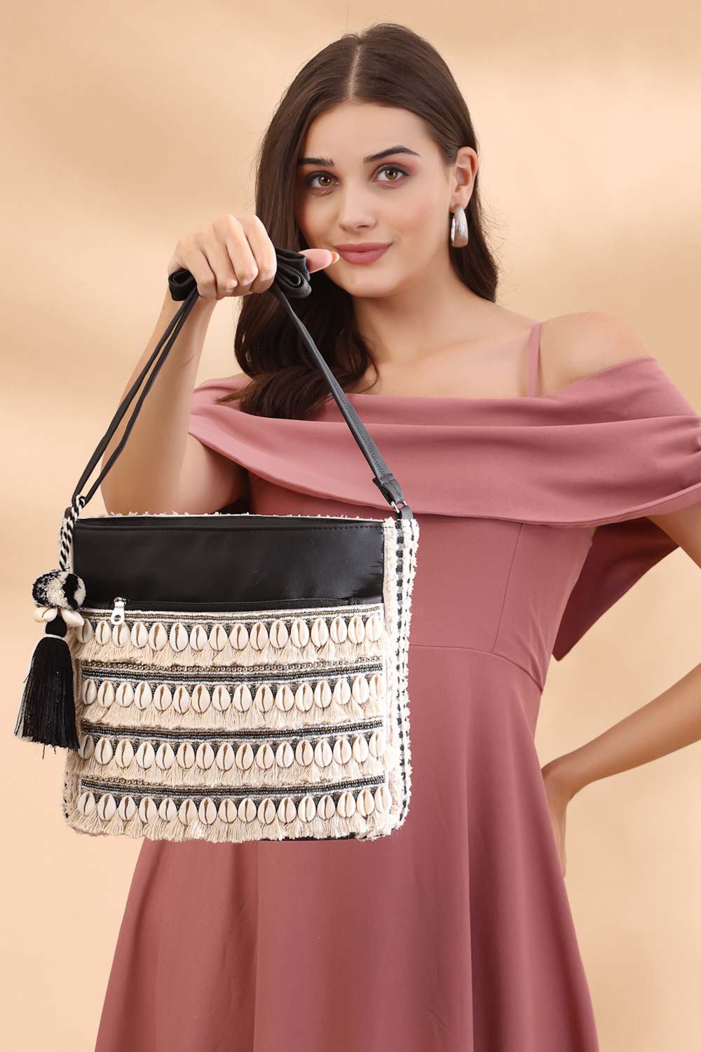 Beige Embellished Cotton Sling Bag