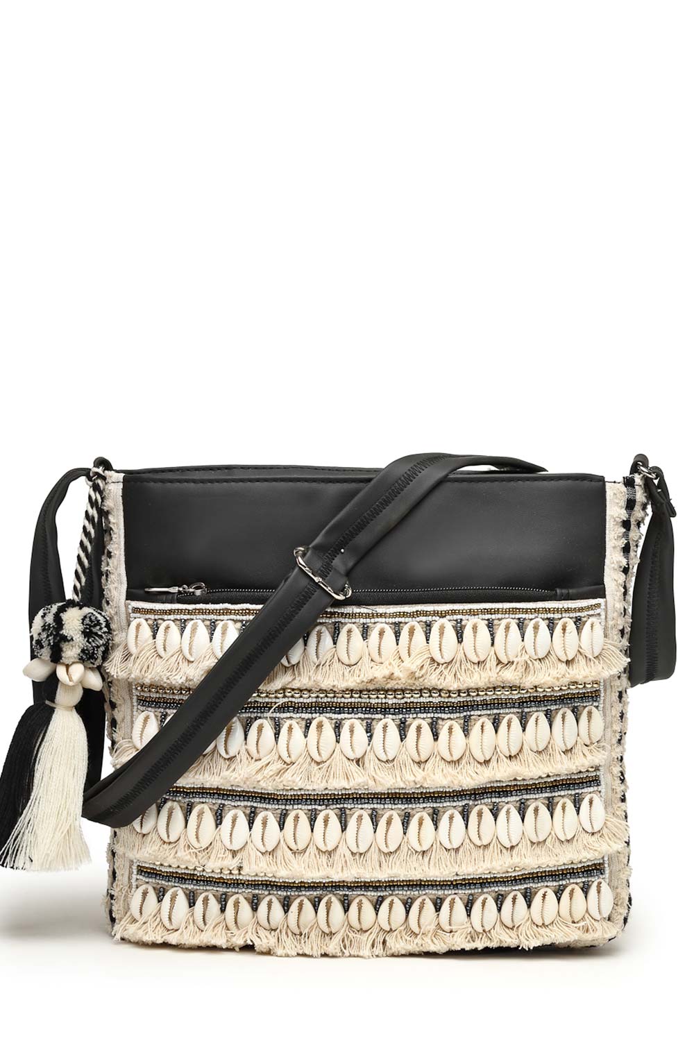 Beige Embellished Cotton Sling Bag