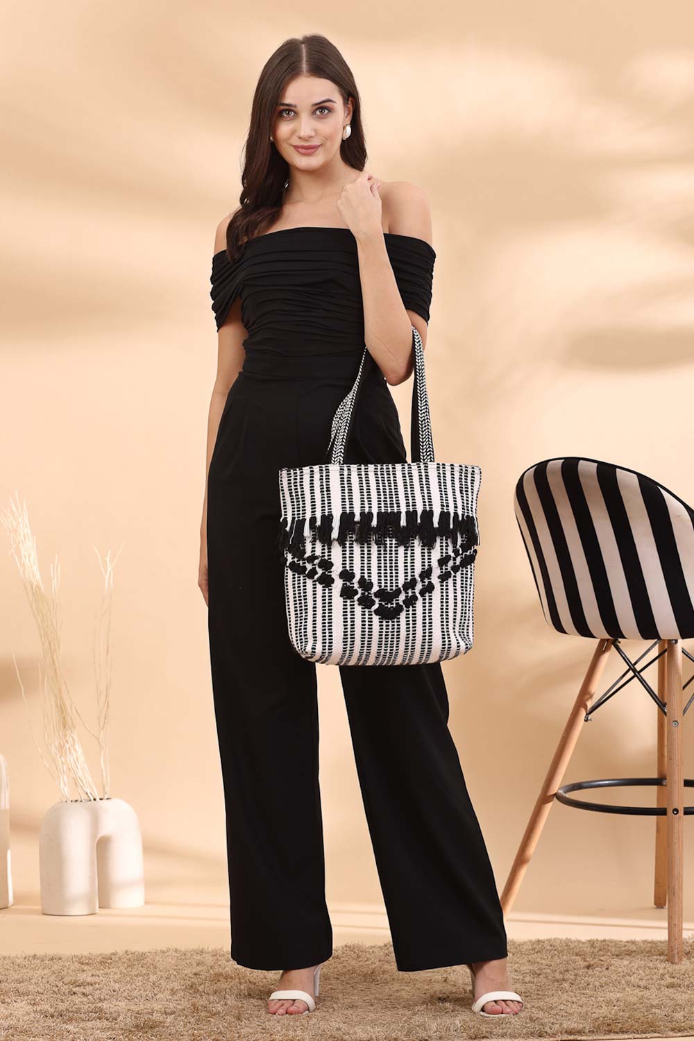 White Stripe Cotton Tote Bag