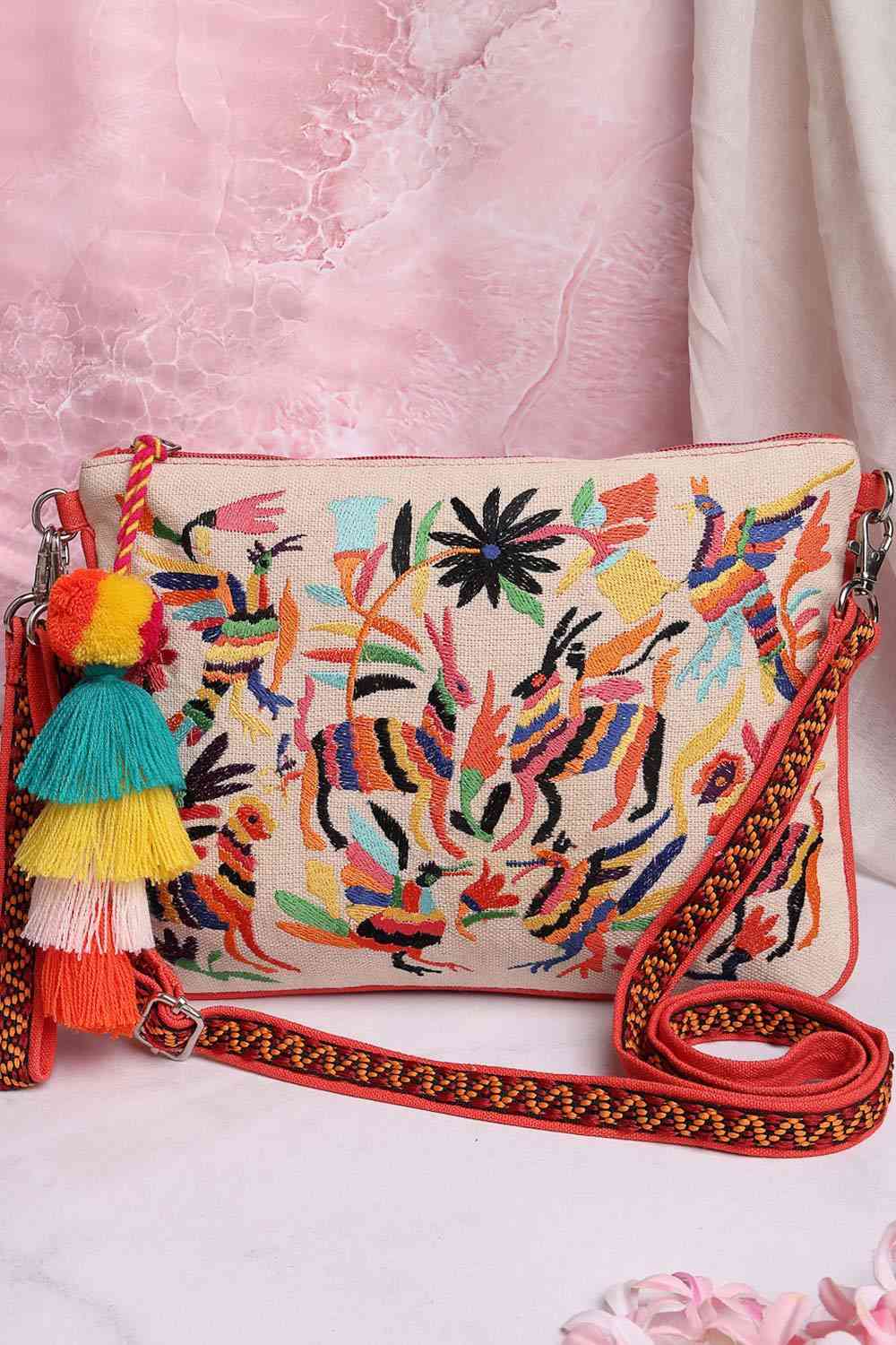 Orange Embroidered Cotton Canvas Sling Bag