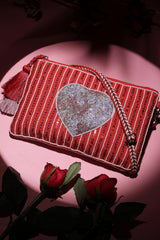 Red Heart Embellished Cotton Canvas & Jacquard Sling Bag